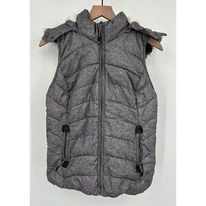 Green Tea Puffer Vest Women Small Heather Grey Hooded Fur Lined Full Zip